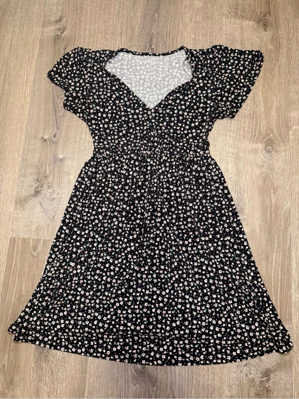 Black Floral Mini Dress with Pink and White Daisies